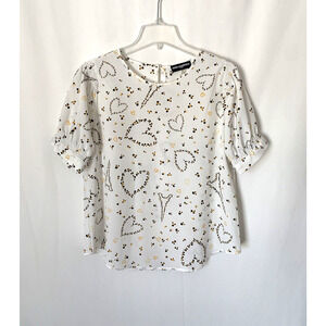 Karl Lagerfeld Womens Blouse Top Medium Short Sleeve Relaxed White Bees Print
